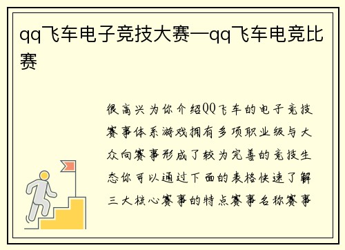 qq飞车电子竞技大赛—qq飞车电竞比赛